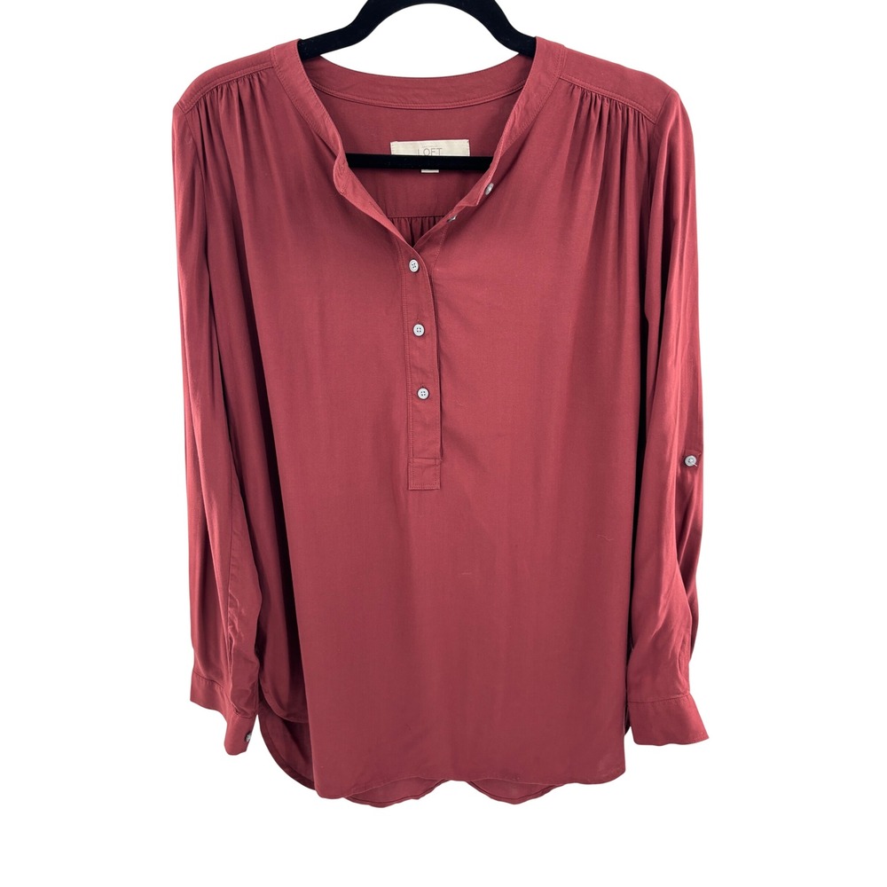Ann Taylor LOFT Womens‎ Henley Blouse Burgundy Red Roll Tab Long Sleeve Rayon S